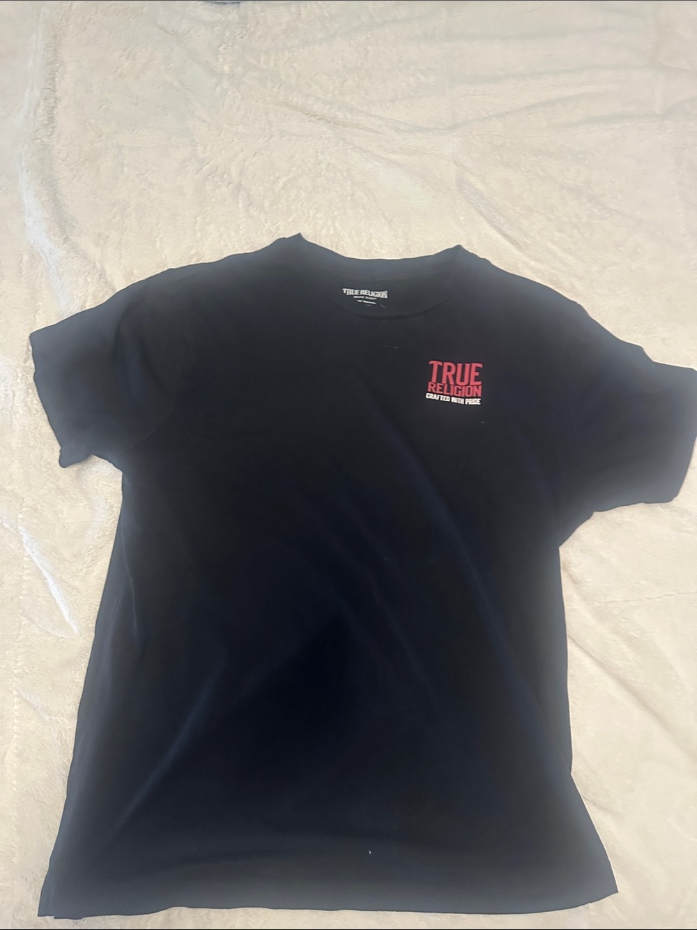True Religion Black Graphic Tee with Red and White Lettering